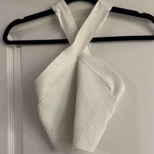 Babaton White Ribbed Halter Crop Top
